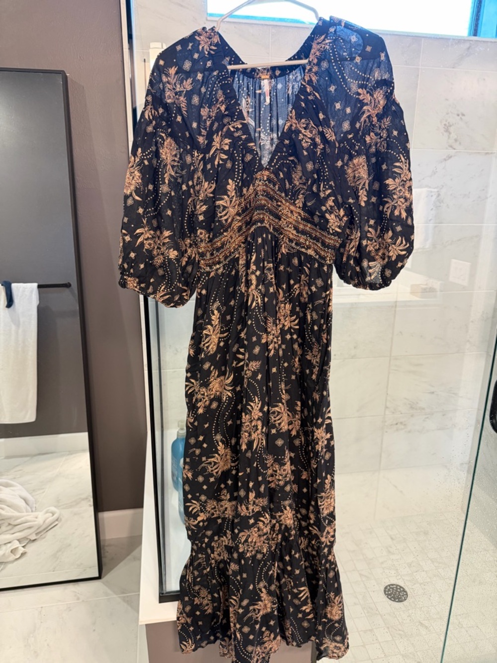 Free People Black Maxi Dress with Tan Floral Print